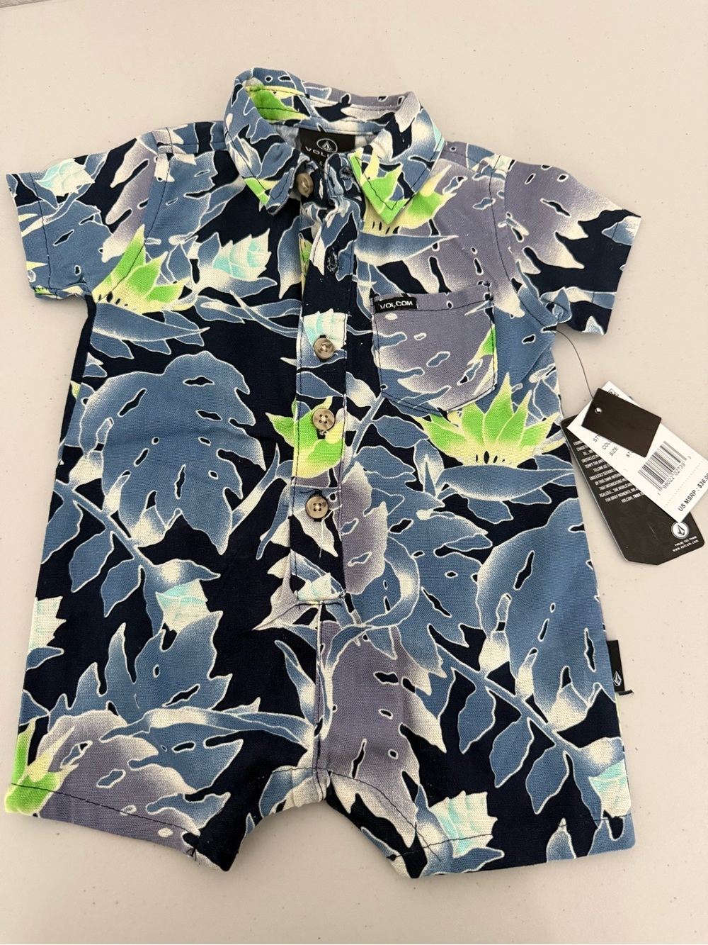 Volcom Navy Blue Tropical Button-Front Romper